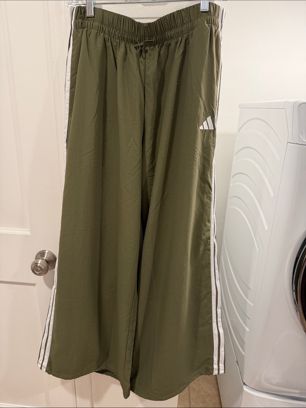adidas Women’s wide leg Olive Track Pants with White Side Stripes